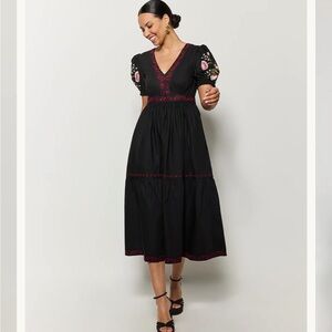 Fanm Mon Gana Dress Midi Maxi Floral Embroidered Puff Sleeves Black Small NWT